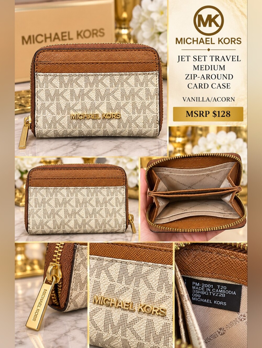 Michael Kors Jet Set Travel Medium Logo Zip-Around Card Case in Vanilla/Acorn
